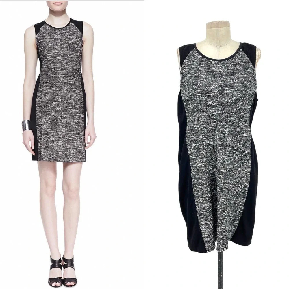 Eileen Fisher Colorblock Ponte Panels Tweed‎ Knitted Dress Gray Black Size Large
